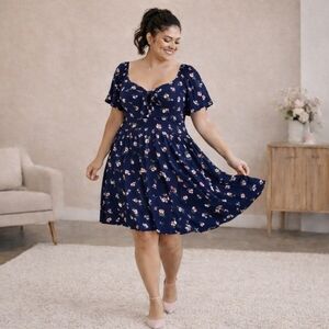 Torrid 2X Navy Floral Mini Dress Flutter Sleeve Tie-Front Elegant